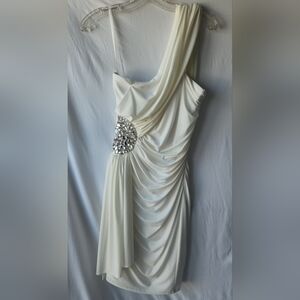 Le Chateau One Shoulder Formal White Midi Length Dress With Beading Size Medium